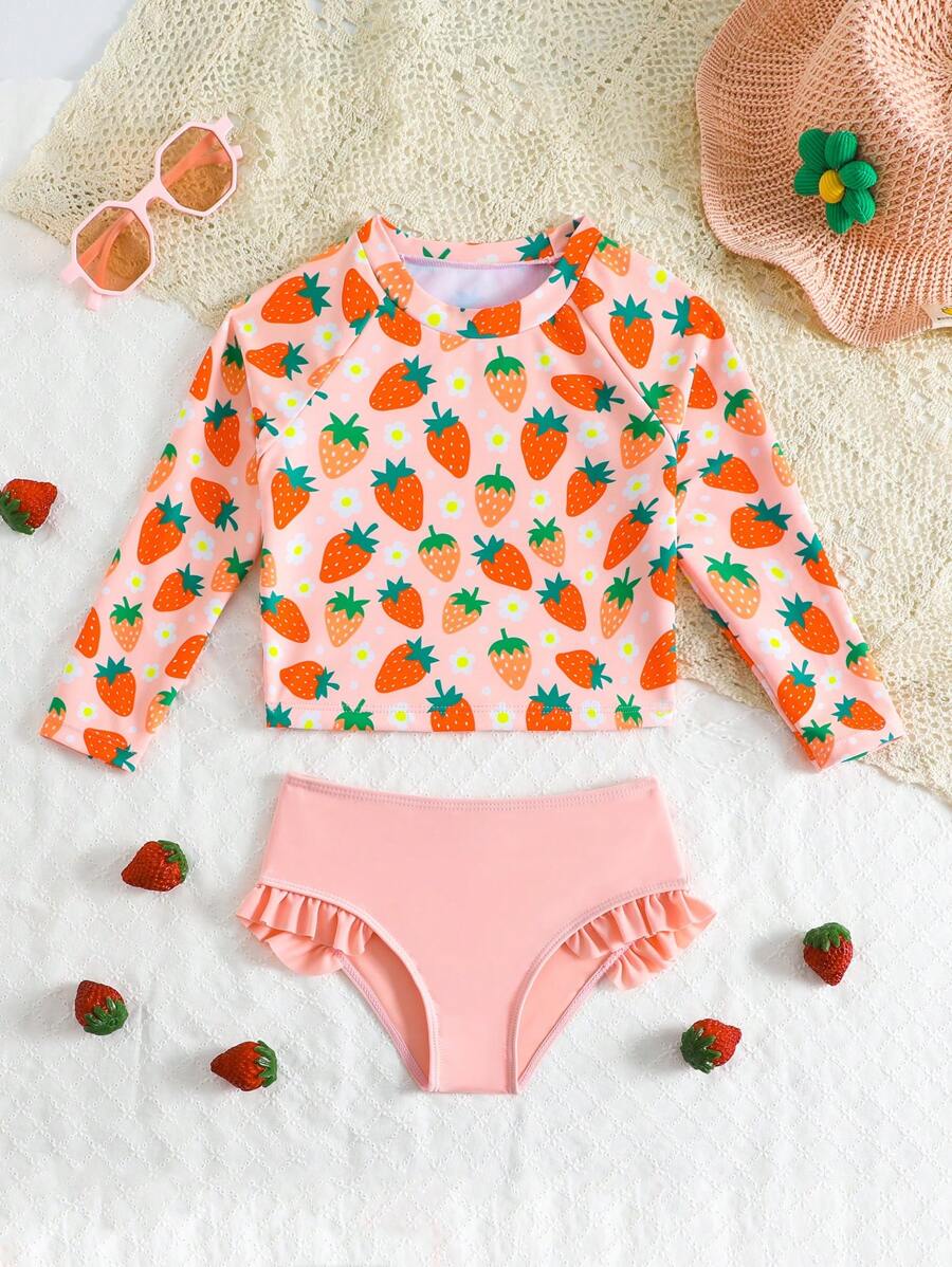 SHEIN Young Girls Long Sleeve Swimwear Set,2pcs Ditsy Floral Rash Guard&Ruffle Trim Shorts Bikini,Cute Rococo Style Swimming Suit For Summer,Beach,Holiday - Pink - View 1