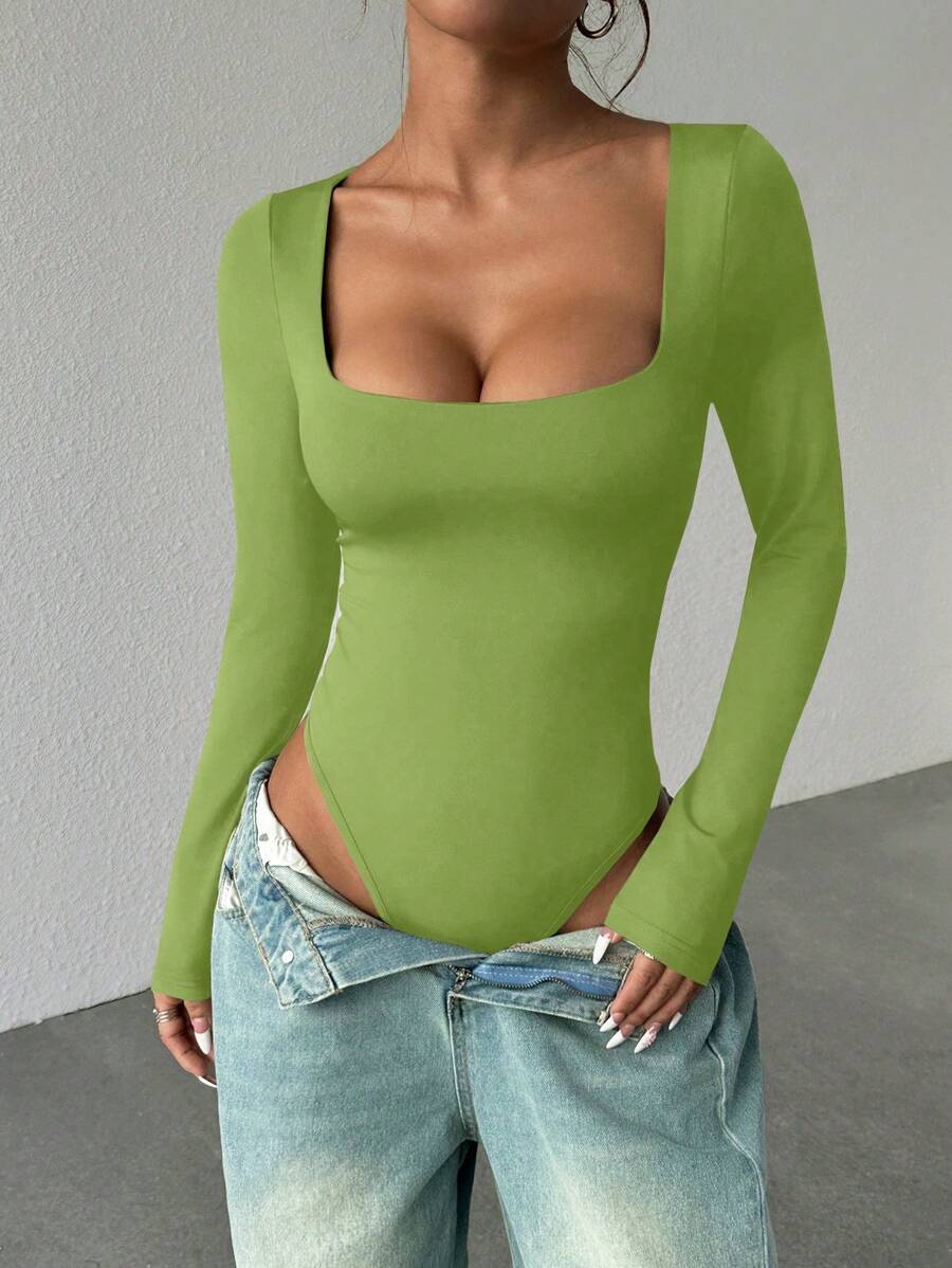 Flirla 女士修身长袖连体衣，棕色，简约百搭，适合通勤 - 綠色 - 查看 1