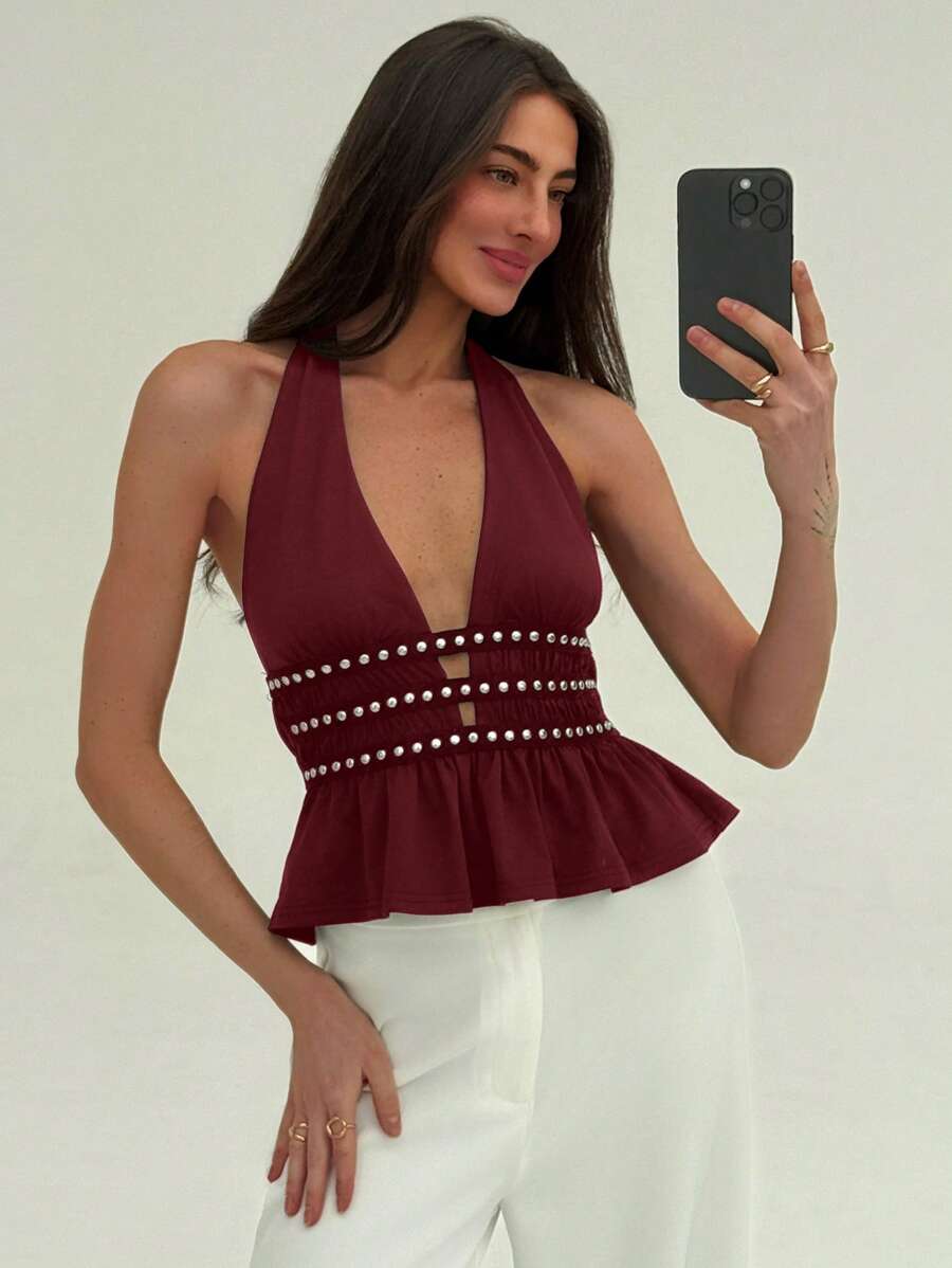 Aloruh Regata Feminina Sexy com Decote em V Profundo, Bainha com Babado e Tachas