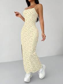 SHEIN PETITE White Ditsy Floral High Side Split Long Cami Dress,Butter Yellow - Mustard Yellow - View 4