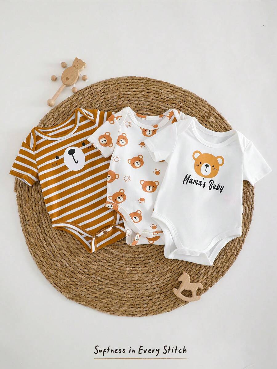 Cozy Pixies Newborn Baby Girl 3-Piece Bear Print Soft Knit Crew Neck Short Sleeve Bodysuit Set - Multicolor - View 1