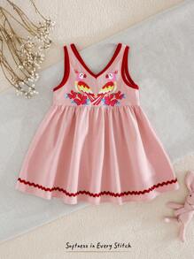 Cozy Pixies Baby Girl Cartoon Parrot Print V-Neck Sleeveless Waisted Dress, Casual Versatile - Pink - View 1