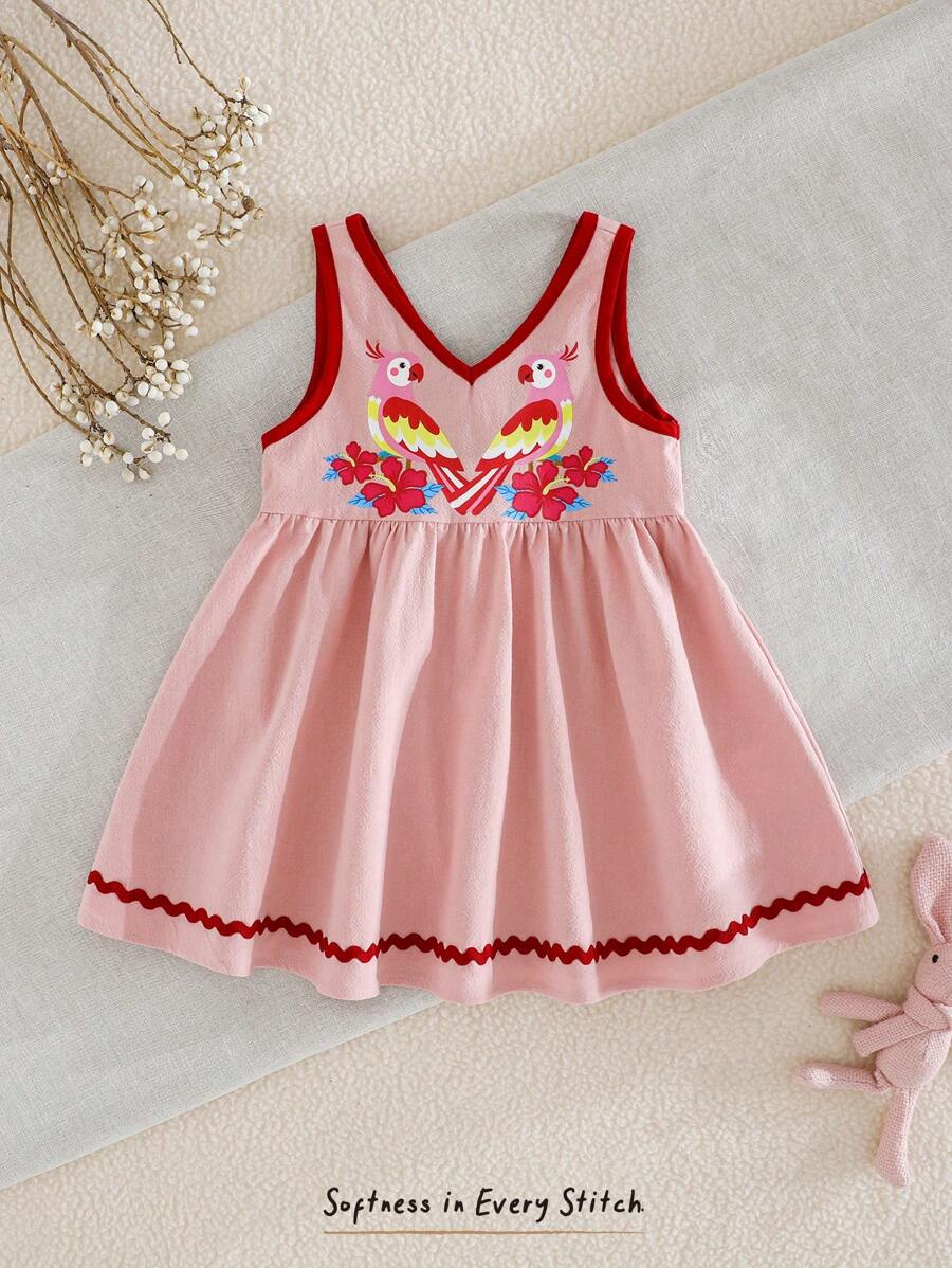 Cozy Pixies Baby Girl Cartoon Parrot Print V-Neck Sleeveless Waisted Dress, Casual Versatile - Pink - View 1