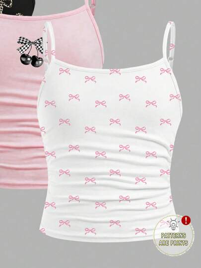 SHEIN Girlism 3pcs/Set Tween Girls' Ballet Bow, Cherry Pattern Fitted Casual Crop Camisole Tops, Black, White, Pink