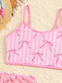 Tween Girl 3pcs/Set Bow & Stripe Swimsuit Set - Pink - View 3