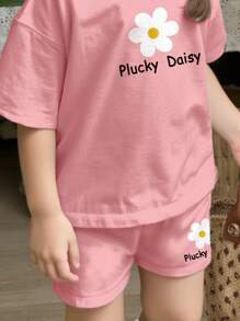 SHEIN Babymeisjes casual eenvoudige cartoon print korte mouwen shorts set van 2 stuks, geschikt voor de zomer