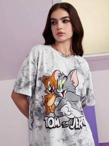TOM & JERRY X SHEIN Women's Casual Tie Dye Cartoon Print Loose Drop Shoulder T-Shirt, Summer,Gray Tie-Dye T-Shirt, Cartoon Pattern Print, Versatile, Casual