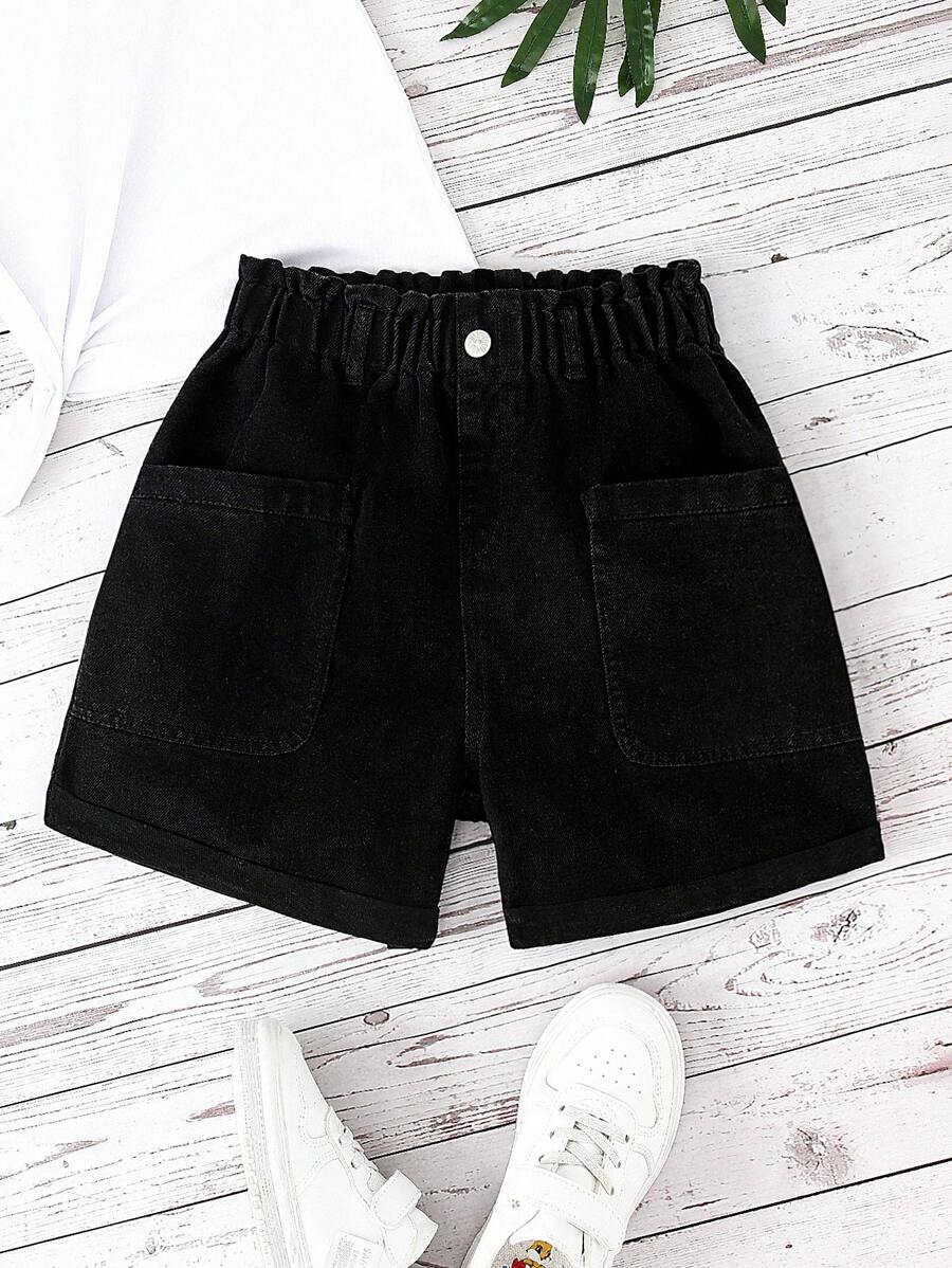 Quần short denim cạp cao rộng rãi màu đen cho bé gái tuổi teen có thiết kế viền tua rua, đa năng và thời trang để mặc hàng ngày - màu đen - Xem 1