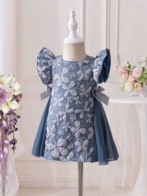 SHEIN Toddler Girls' Ruffle Sleeve Dress, Black-Gold Color-Blocked Butterfly Decor Mesh Panel Design, Elegant & Luxurious, Suitable For Party, Gathering, Spring & Summer
