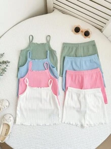 8 件套 女婴休闲纯色针织吊带背心和短裤套装