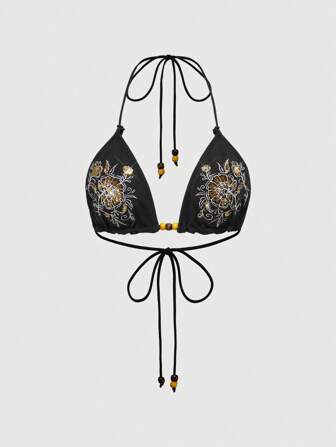 Fairycore Top de cuello halter bordado con cuentas de madera de estilo vacacional hippie retro para mujeres