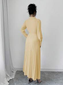 Elenzga Women Casual Solid Color Elegant Pleated Waist Midi Dress, Autumn Maxi Women Outfit
