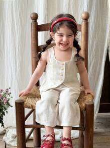 LMoss Kids LMoss 2pcs Baby Girl Set:Beige Summer Modest Cocktail Woven Solid Square Neck Top + Loose Casual Long Pants Sisters Cute Matching Outfit For Girls - White - View 4