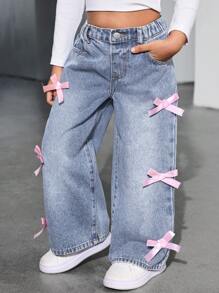 SHEIN Young Girl Y2K Cute Pink Bow Decor Loose Blue Denim Wide Leg Pants, Girl Fall And Winter Denim Jeans Clothes,Cool Outfit/Girls Thanksgiving Outfit,