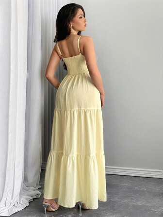 Firerie 女士黄色系带褶皱腰 A 字形连衣裙，适合通勤/优雅/性感/度假/海滩/夏威夷/浪漫/约会/情人节/音乐会/婚礼季节