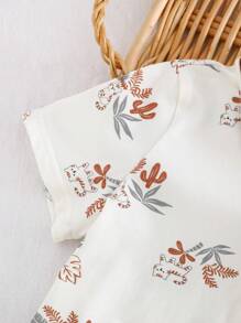 Cozy Pixies 2pcs Baby Boy Cartoon Animal Print Polo Collar Short Sleeve Pullover Top And Elastic Waist Pants Set