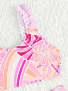 SHEIN Girl Toddler Vacation Style Printed Ruched Edge Back Halter Bikini Set, Family Matching Outfits Mommy And Me (4 Pieces Sold Separately) - Multicolor - View 3