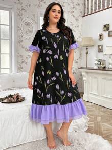 CottageSlumber 加大码撞色拼接双层荷叶边下摆花卉印花长款睡袍，Moo Moo 睡裙，舒适优雅细节 - 黑色 - 查看 6