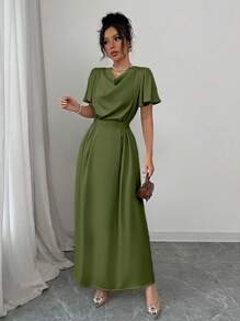 Elenzga Vestido largo de satén color champán con diseño de cuello drapeado, ajuste en la cintura y lazo en la espalda, adecuado para el Día de San Valentín y la temporada de bodas