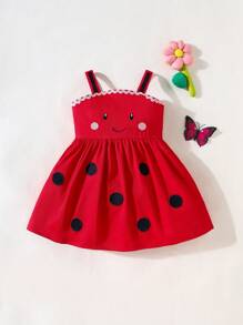 SHEIN Baby Girl Polka Dot Lace Patchwork Playful Strap Dress - Red - View 6
