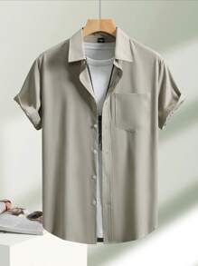 Manfinity Homme Men's Solid Color Single Breasted Pocket Casual Short Sleeve Shirt (With Print Pattern) Men Dress Shirts Short Men Clothes Men Shirts Men Short Sleeve Dress Shirt Shirts For Guys - Champagne - View 3