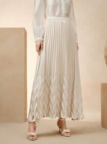 Anewsta 女士优雅褶皱 A 字缎面半身裙，适合节日、度假、假日、休闲和商务休闲 - 杏色 - 查看 6