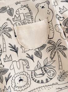 Loomiva Baby Boy Cartoon Animal Print Soft Knit Crew Neck Short Sleeve Jumpsuit - Apricot - View 3