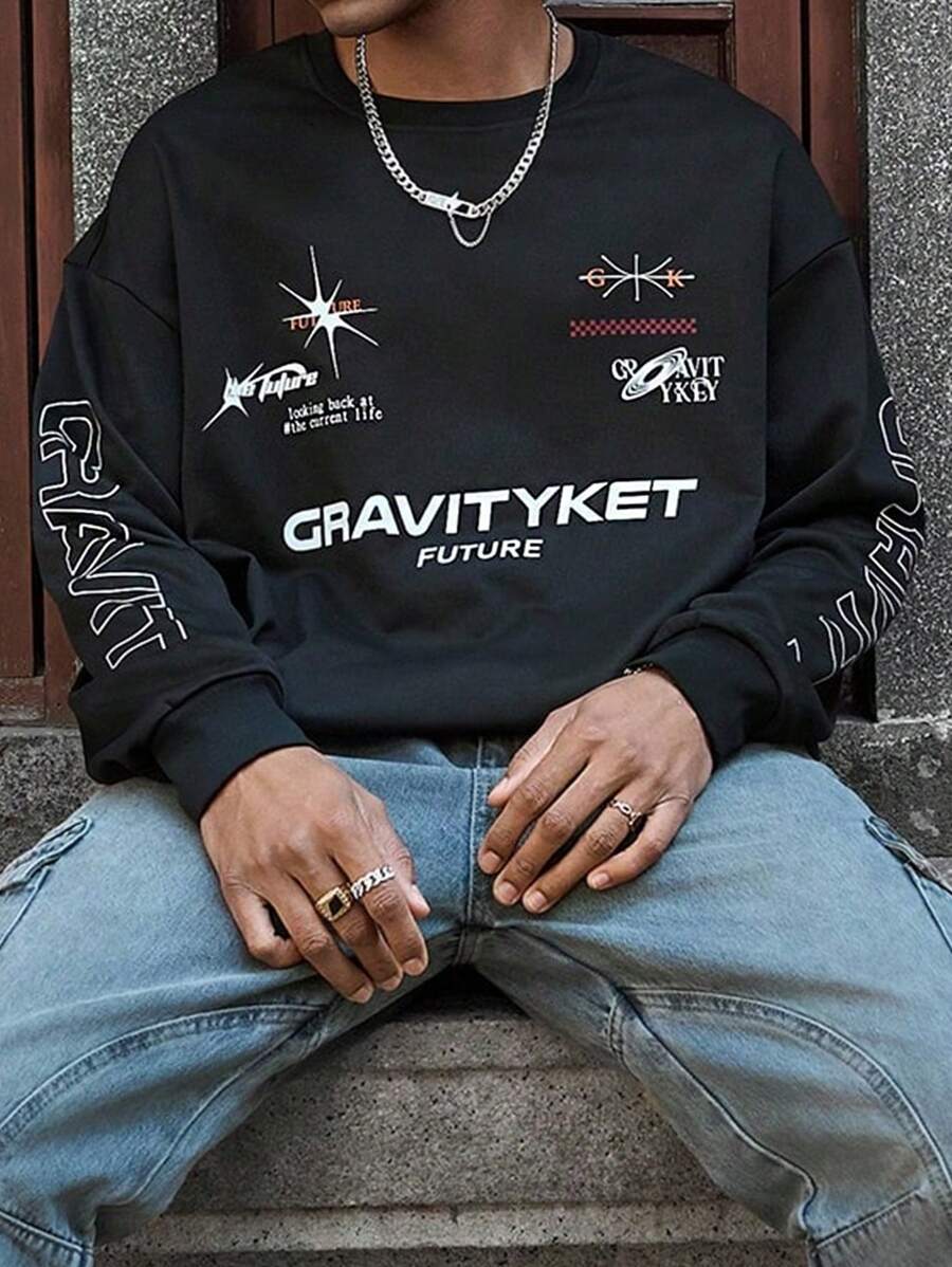 PAVTROS Sudadera casual de cuello redondo con estampado de letras para hombre - Negro - Ver 1