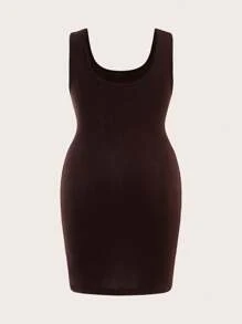 SHEIN BASICS Plus Size Brown Mini Dress: Casual Scoop Neck Sleeveless Bodycon Dress For Women - Brown - View 2