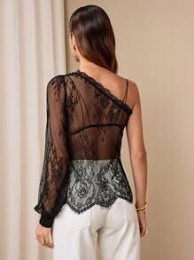 SHEIN Unity Women's Elegant Elegant See-Through Lace Shoulder Top Fall Cloth For Women - Black - View 2