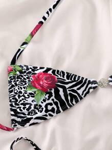 SHEIN Swim Leopard Print Rose Print Women's Bikini Sexy Strap Swimsuit Set - Multicolor - View 3