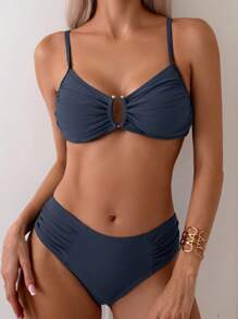 Swim Chiccia Women's Solid Color Round Decor Ruffle Strap Tankini Bikini Set Set For Summer Beach Vacation - Dark Grey - View 1