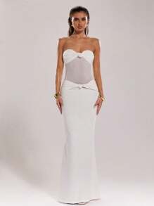 SHEIN BAE 女士优雅扭纹抹胸鱼尾连衣裙 - 白色 - 查看 4