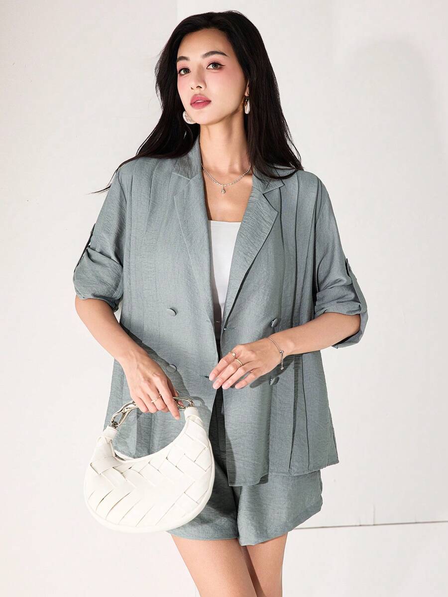 Modelyn Conjunto de Terno com Blazer e Shorts com Colarinho Blazer e Punhos em Cor Sólida para Mulheres - Verde - Visão 1
