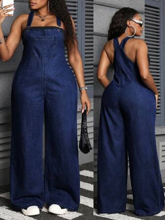 Dripcurv Plus Size Denim Jumpsuit, Sexy Fitted Bib Pants, Blue Vacation Outfits Women Concert Outfit Women