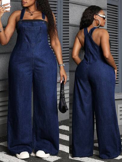 Dripcurv Plus Size Denim Jumpsuit, Sexy Fitted Bib Pants, Blue Vacation Outfits Women Concert Outfit Women