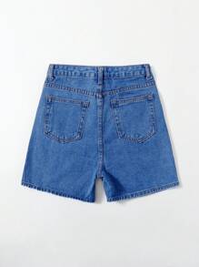 SHEIN EZwear 女士宽松休闲百搭牛仔短裤，带口袋 - 中等水洗藍 - 查看 2