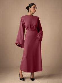EURMUSE Elegant Solid Color Flared Sleeve Dress - Dusty Pink - View 6