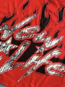 PAVTROS Young Street Style For Men, A Versatile Item For INS: An Oversized Skull Portrait Graffiti Black Flame Illustration. Cropped Loose White Short-Sleeved T-Shirt With Oversized Lettering Prints On The Front And Back. Versatile, Suitable For Sportswear, Back-To-School Wear And Boyfriend Gifts. Streetwear, Y2k Men - Red - View 6