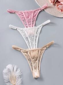 SHEIN 3 Packs Women Low Rise Lace G-String Panties With Random Heart Print Design - Multicolor - View 2