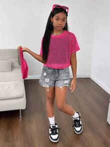 SHEIN Tween Girls Y2K Spring Summer Break Grey Solid Washed High Waist Ripped Raw Hem Denim Jeans Shorts,Summer Beach Boho Vacation Shorts ,Summer Concert Festival Casual Rave Outfits - Light Grey - View 3