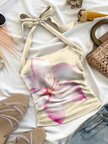 Soleia Women's Vacation Halter Neck White Knit Texture Slim Fit Tank Top For Summer Yellow Large Floral Print