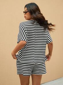 Elaquor Set da 2 pezzi composto da blusa a pipistrello a righe e pantaloncini, abbigliamento casual da resort, taglie forti