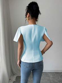 Elenzga Blusa de mujer de manga corta, ajustada, con cuello redondo, diseño de rhinestones y unicolor - Azul - Ver 2