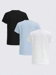 SHEIN BASICS 3 件装休闲纯色针织圆领短袖女式 T 恤 - 彩色 - 查看 3