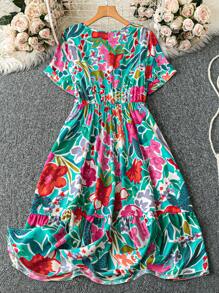 SHEIN LUNE Đầm đi biển họa tiết hoa tay ngắn cho nữ cỡ lớn - Nhiều màu - Xem 2