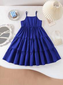 Vestido casual corto con tirantes finos y capas para niñas (talla pequeña)