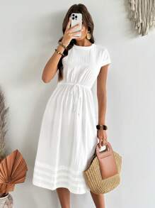 EMERY ROSE 女士休闲纯色抽绳腰连衣裙，非常适合度假 - 白色 - 查看 5