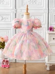 Souflis Souflis Young Girl Floral Print Puff Sleeve Mesh Dress - Pink - View 4