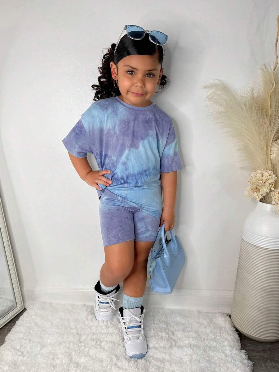 SHEIN SLAYR KIDS Young Girl Casual Tie-Dye Print Round Neck Loose T-Shirt & Form-Fitting Leggings 2 Pieces Set For Young Girls - Blue - View 1